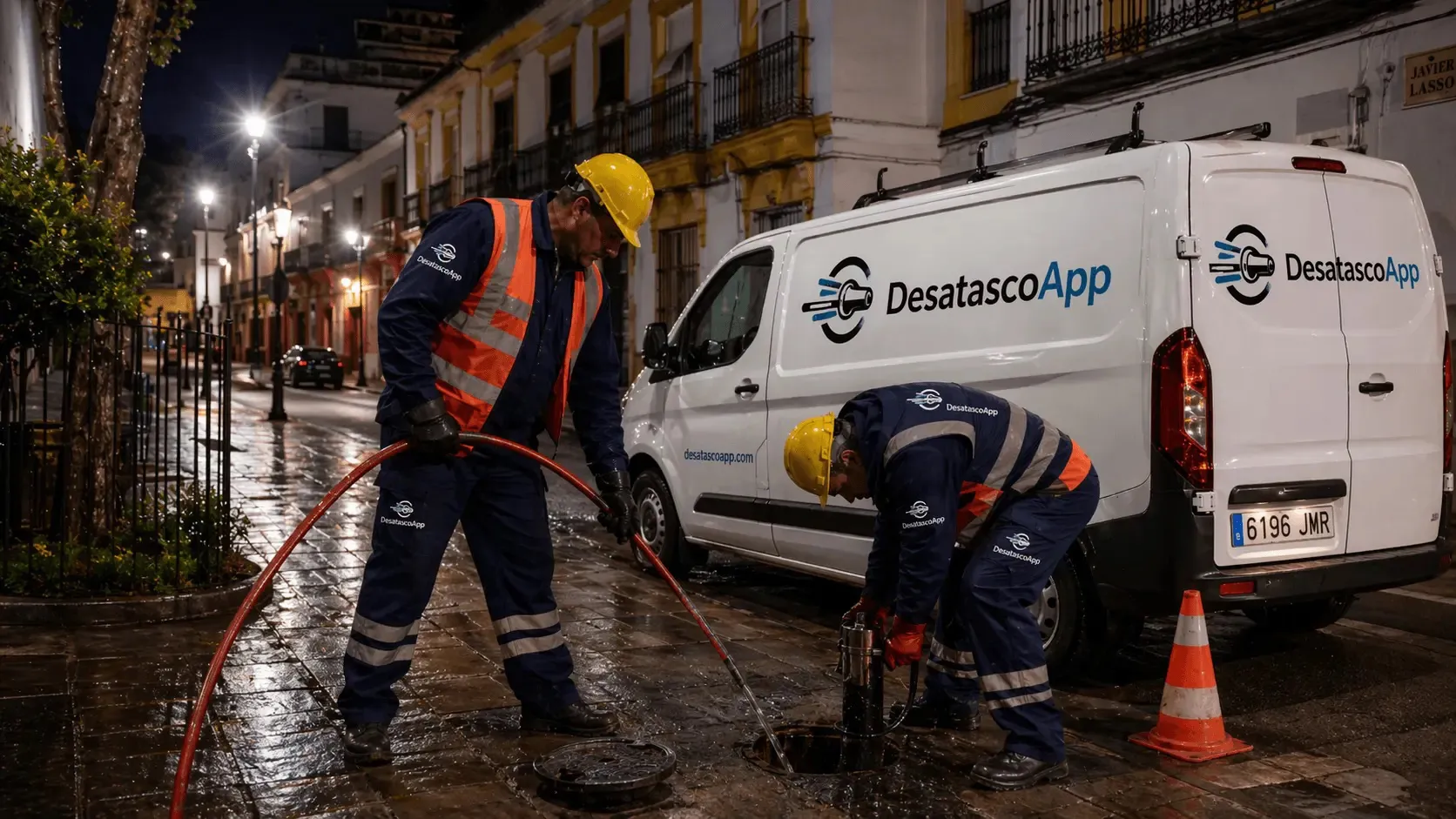 Operarios de DesatascoApp trabajando de noche